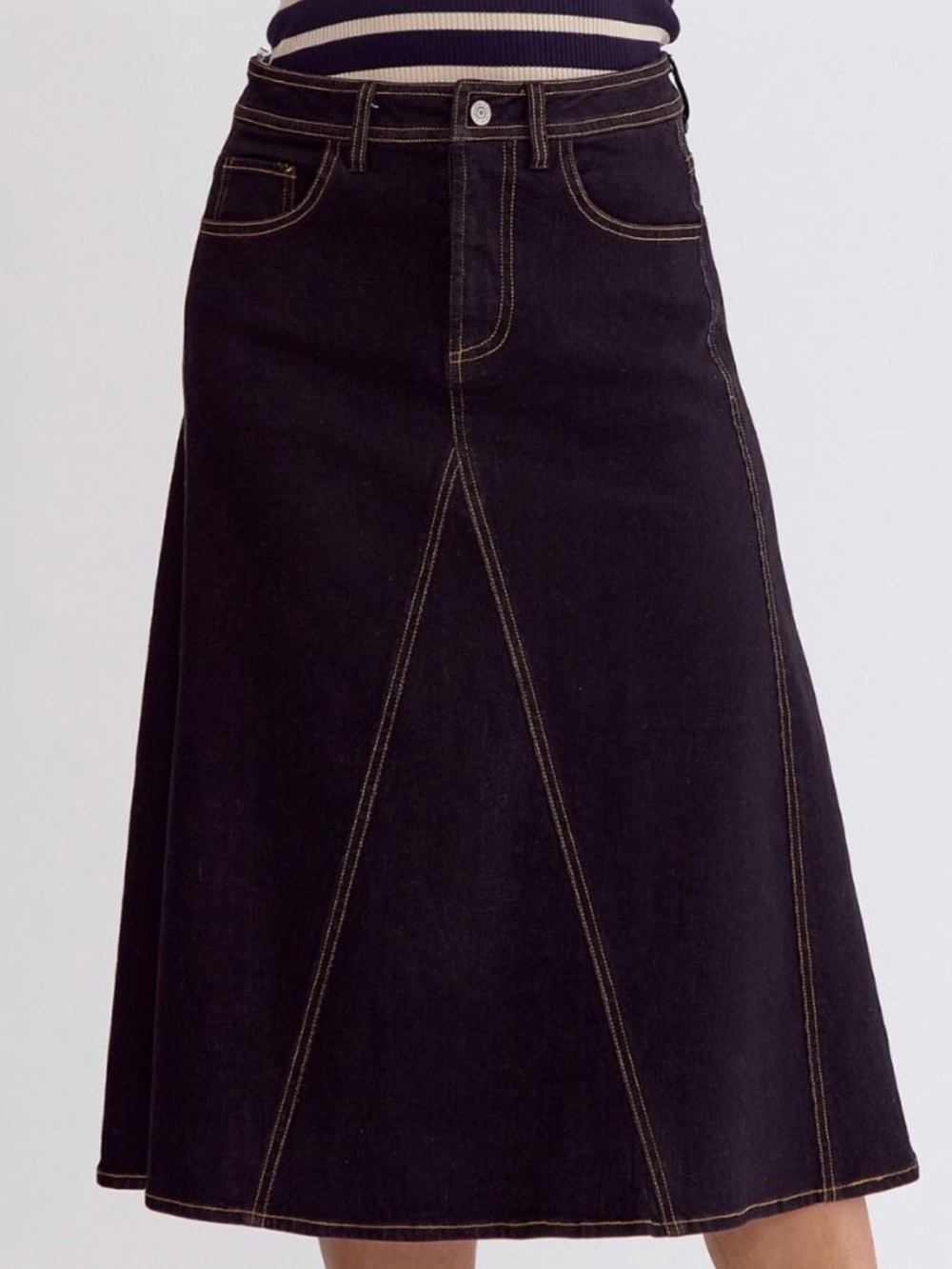 entro Black A-Line Midi Skirt with Contrast Stitching